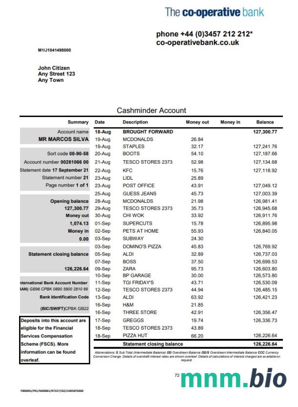 Wielka Brytania Bank Of Aston szablon wyciągu bankowego w formacie Word